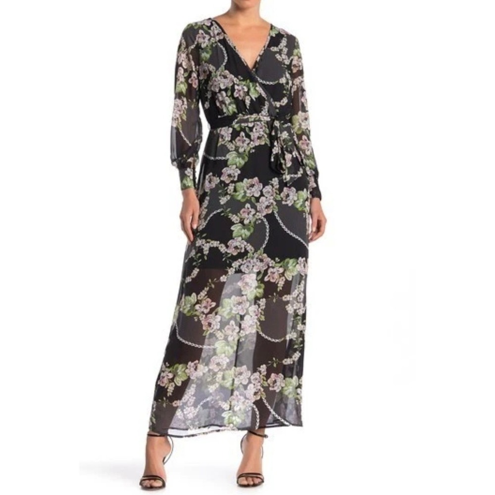 Superfoxx Womens Black Floral Chain Print Wrap Maxi Dress Long Sleeve Size L